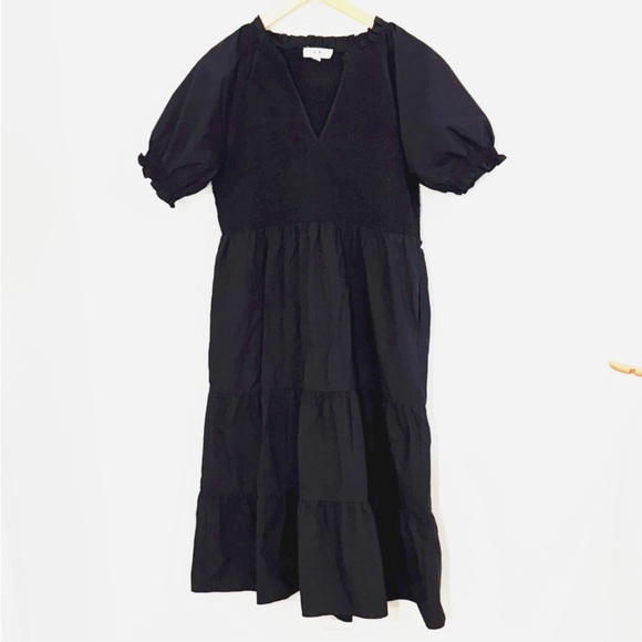 THML Dresses & Skirts - THML Black Smocked Midi Dress VNeck Short Puff Sleeves Size Large